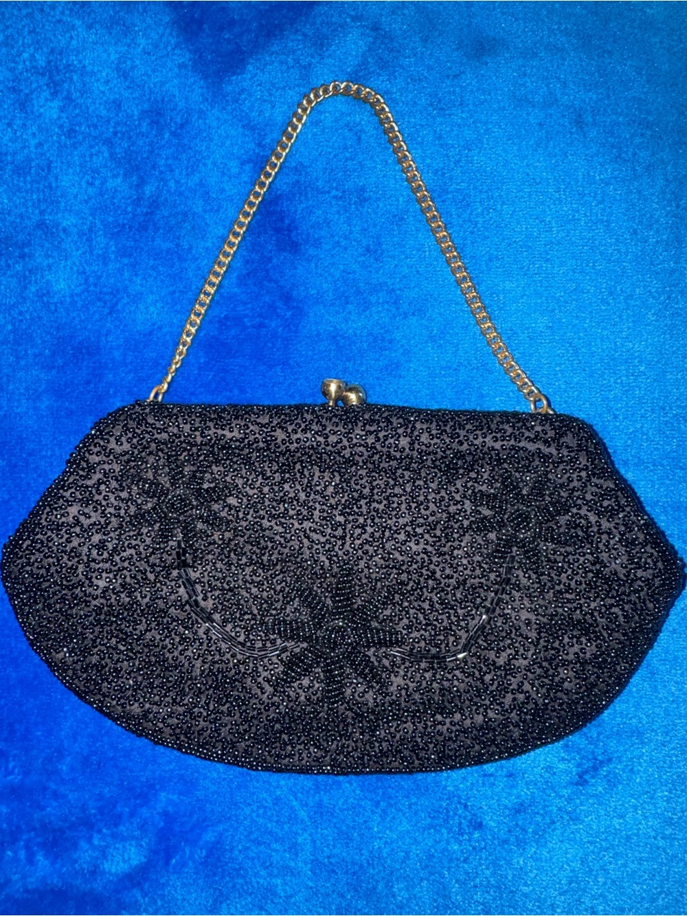 Vintage Elegant Black Beaded Evening Clutch with Gold Chain
